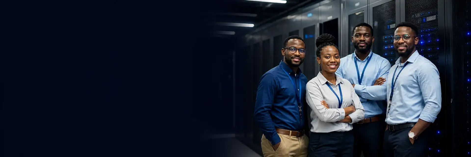 Équipe d'ingénieurs devant des baies informatiques
